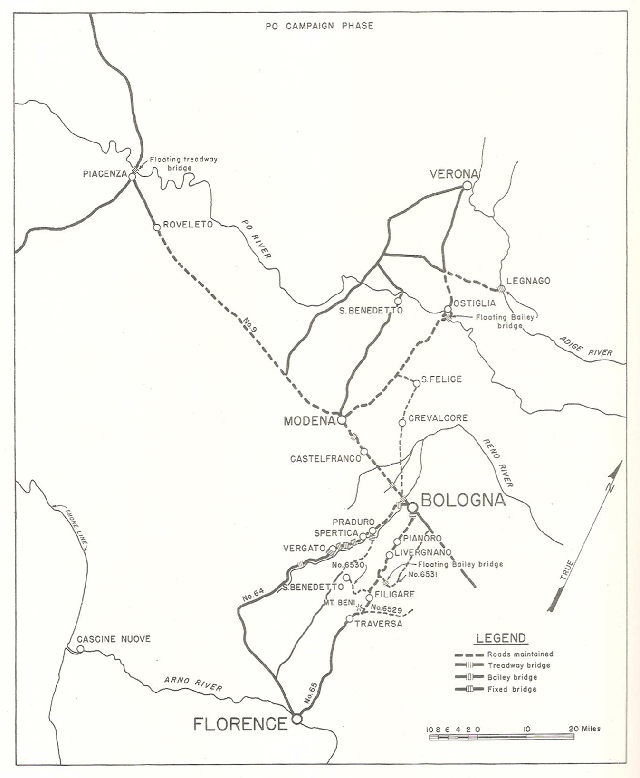Map 5 – Po campaign, 1338th Engineer Combat Group 169th, 182nd, and 185th Engineer Combat Battalion operation