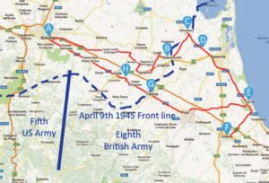 The route taken by the Convoy of Liberation 2012. It crossed from west to east the 1944/45 American and British Commonwealth sectors and covered more than 200 road miles.