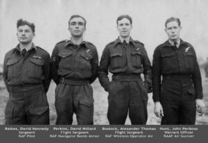 Three of the flyers were British - the pilot, Sergeant David Raikes, the navigator, Flight Sergeant David Perkins, and the wireless operator and gunner, Flight Sergeant Alexander Bostock. They were all aged 20. The crew's other gunner was an Australian - Warrant Officer John Hunt, of the Royal Australian Air Force - who was a year older.