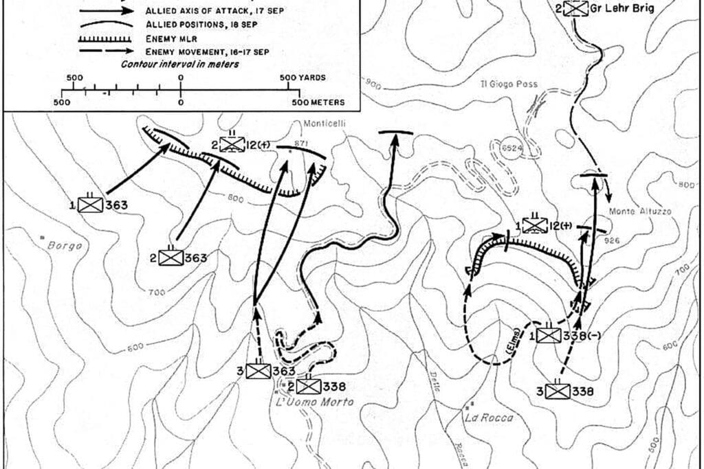 Mappa storica delle operazioni militari a Monte Altuzzo durante la Seconda Guerra Mondiale, con dettagli delle posizioni e movimenti delle truppe.