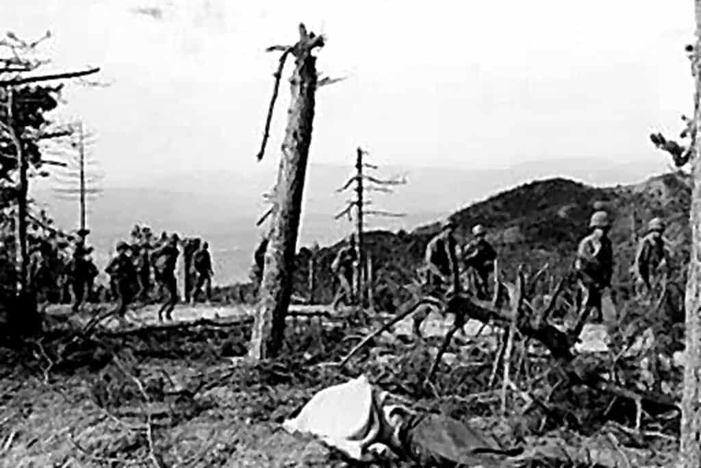 Scene di distruzione e ricostruzione in Toscana durante la guerra, con alberi abbattuti e soldati al lavoro.