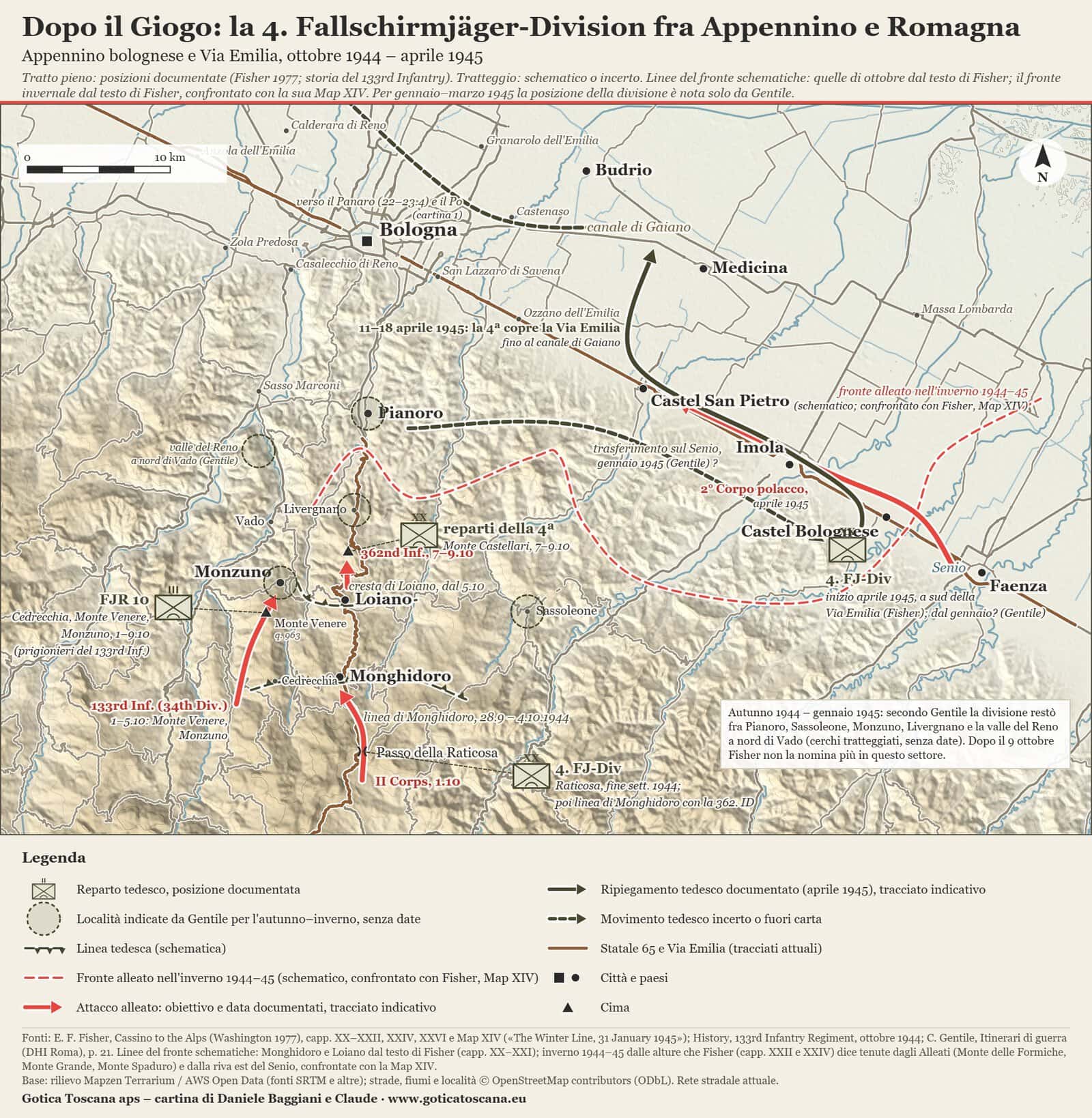 Cartina in rilievo dell'Appennino bolognese e della pianura fra Bologna e Faenza. A fine settembre 1944 la 4ª divisione paracadutisti tedesca è al Passo della Raticosa, poi sulla linea di Monghidoro fino al 4 ottobre e sulla cresta di Loiano; il 10° reggimento combatte fra Cedrecchia, Monte Venere e Monzuno e reparti della divisione tengono Monte Castellari dal 7 al 9 ottobre. Cerchi tratteggiati indicano Pianoro, Livergnano, Monzuno, Sassoleone e la valle del Reno come zone della divisione nell'inverno. Una freccia tratteggiata porta la divisione sul Senio a sud di Castel Bolognese nel gennaio 1945; nell'aprile 1945 la divisione ripiega lungo la Via Emilia fino al canale di Gaiano, incalzata dal 2° Corpo polacco. Una linea rossa tratteggiata indica in modo schematico il fronte alleato dell'inverno.