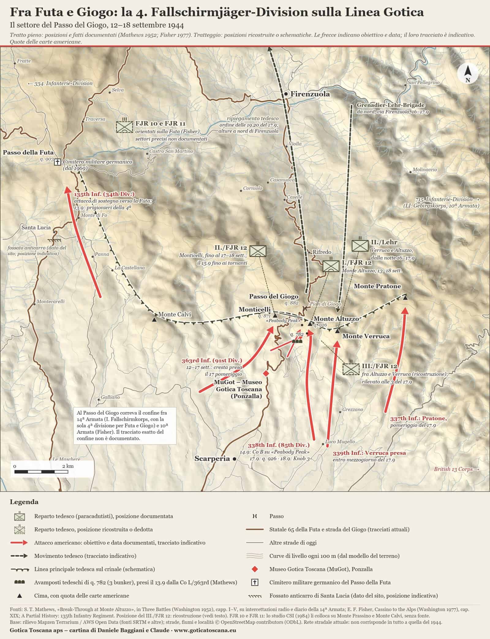 Cartina in rilievo del crinale fra Passo della Futa e Passo del Giogo nel settembre 1944. Il I battaglione del 12° reggimento paracadutisti tedesco tiene Monte Altuzzo, il II il Monticelli, il III, in posizione ricostruita, il tratto fra Altuzzo e Monte Verruca; dalla notte del 16–17 settembre arriva la Grenadier-Lehr-Brigade. Frecce rosse da sud mostrano gli attacchi americani: 363° fanteria sul Monticelli, 338° sull'Altuzzo (quota 926 il 17 settembre), 339° sulla Verruca e 337° sul Pratone il 17, 135° verso la Futa. Una freccia tratteggiata indica il ripiegamento tedesco verso Firenzuola il 17–18 settembre. Sono segnati Scarperia, Ponzalla con il Museo Gotica Toscana e il cimitero germanico della Futa.