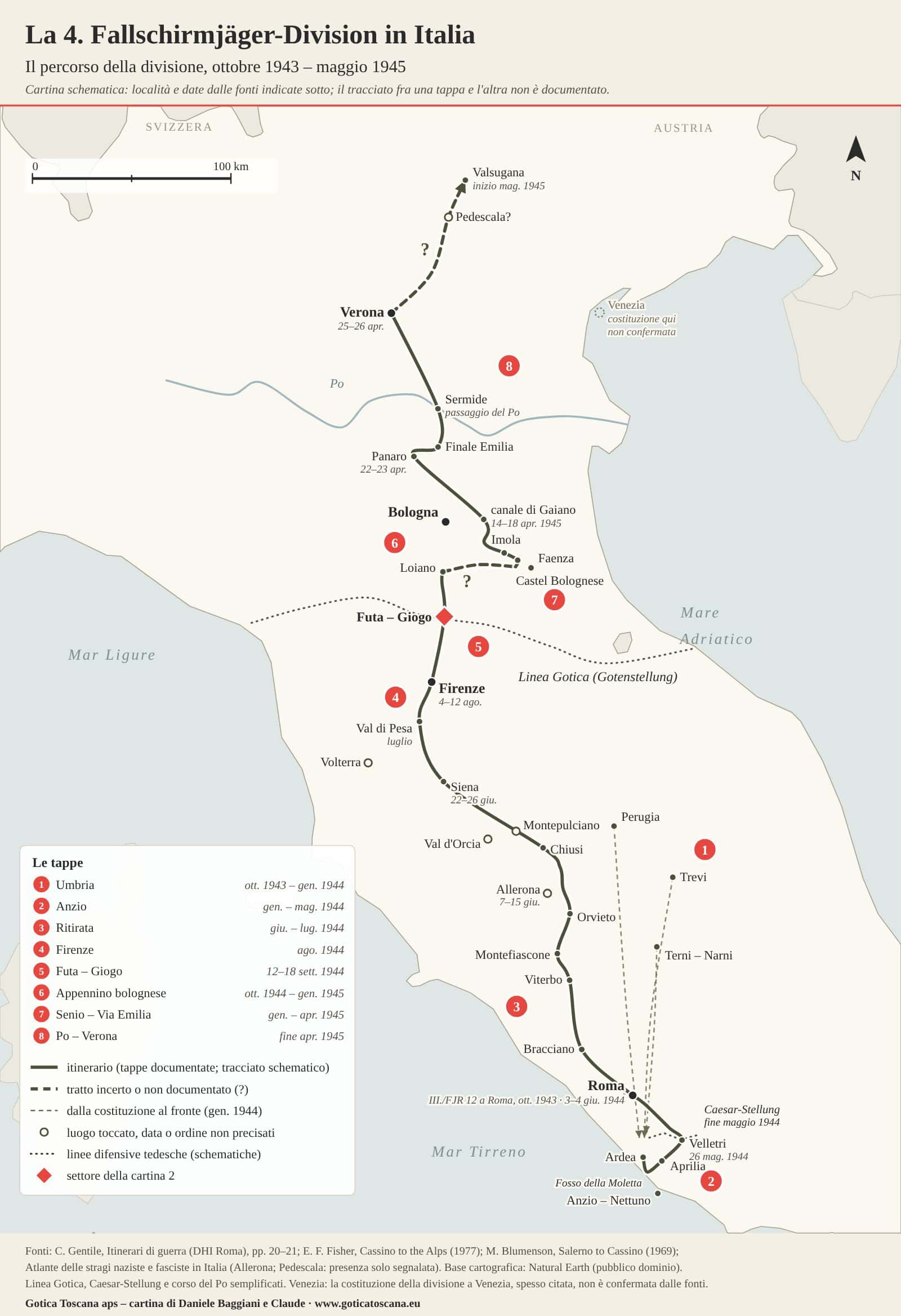 Cartina schematica dell'Italia centro-settentrionale con l'itinerario della 4ª divisione paracadutisti tedesca in otto tappe: costituzione in Umbria (Perugia, Trevi, Terni–Narni) dall'ottobre 1943; fronte di Anzio da gennaio a maggio 1944 (Ardea, Aprilia, Fosso della Moletta, Velletri, Colli Albani); ritirata da Roma per Bracciano, Viterbo, Orvieto, Chiusi, Siena e la Val di Pesa fino a Firenze in agosto; la Linea Gotica fra Futa e Giogo nel settembre 1944; l'Appennino bolognese fino al gennaio 1945; il Senio a sud di Castel Bolognese e la Via Emilia fino all'aprile 1945; il Panaro, il passaggio del Po presso Sermide, Verona e la Valsugana alla fine della guerra. I tratti incerti sono tratteggiati.