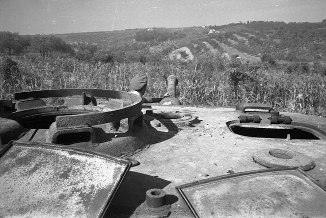 Un carro armato tedesco Tiger messo fuori combattimento, visto lungo la torretta, in campagna.